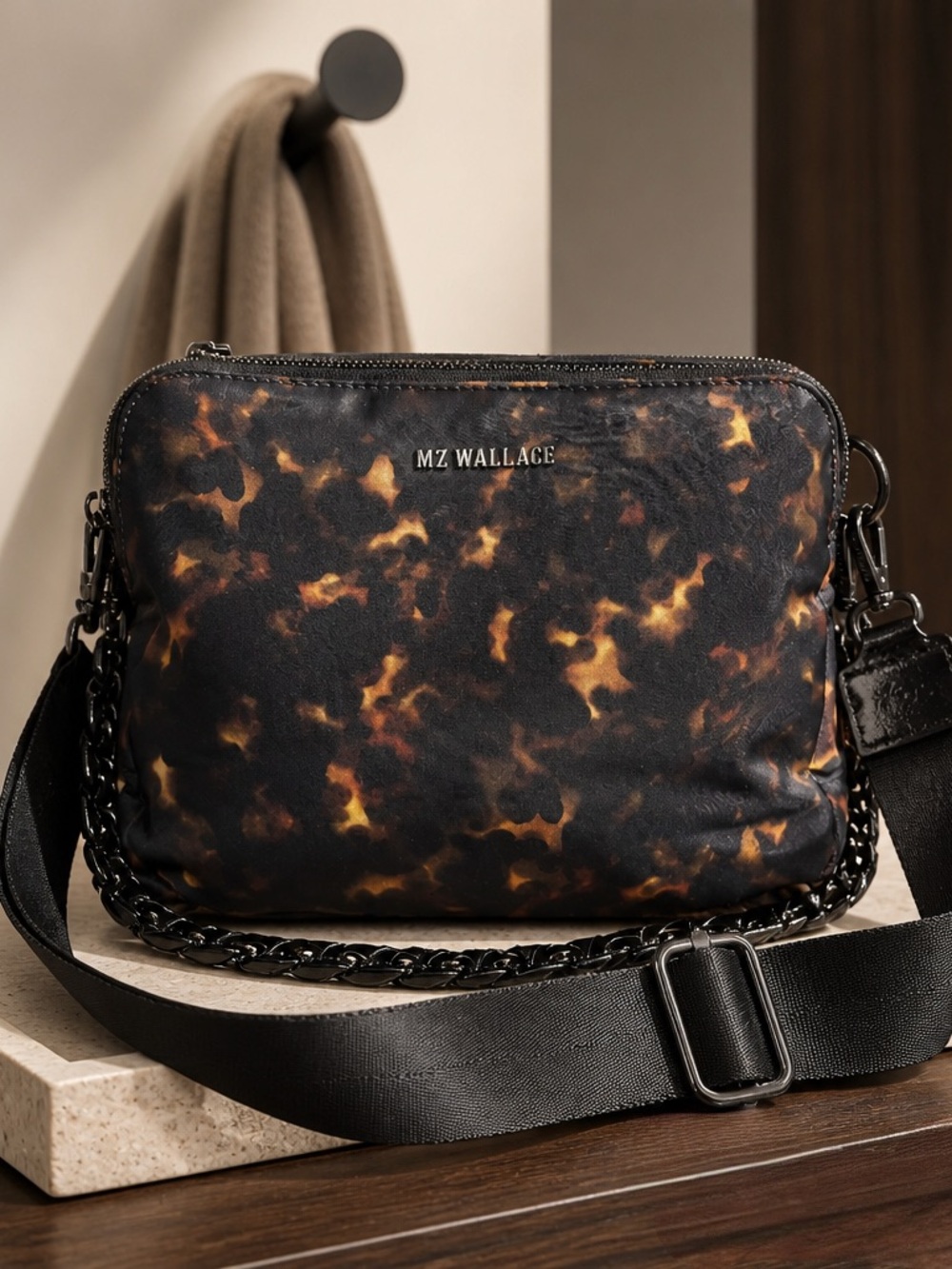 MZ Wallace Bowery Crossbody Tortoise Print Black Hardware